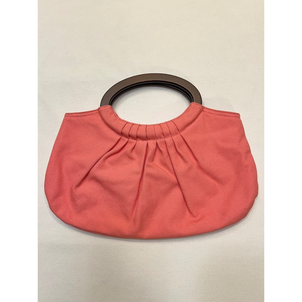 Ann Taylor Loft Coral Canvas Pleated Wood Handle Satchel Handbag Summer Purse